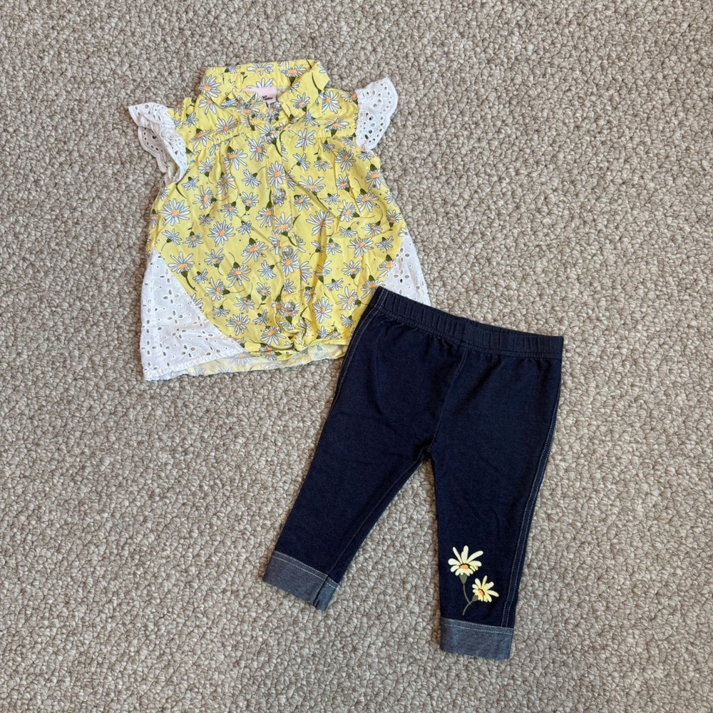 Little Lass Baby Girls Yellow Daisy Eyelet Dress & Leggings Set Size 24 Months‎